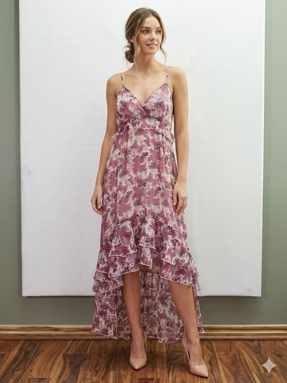 Floral High-Low Ruffle Maxi Dress with Spaghetti Straps - Boho Chic" Size M